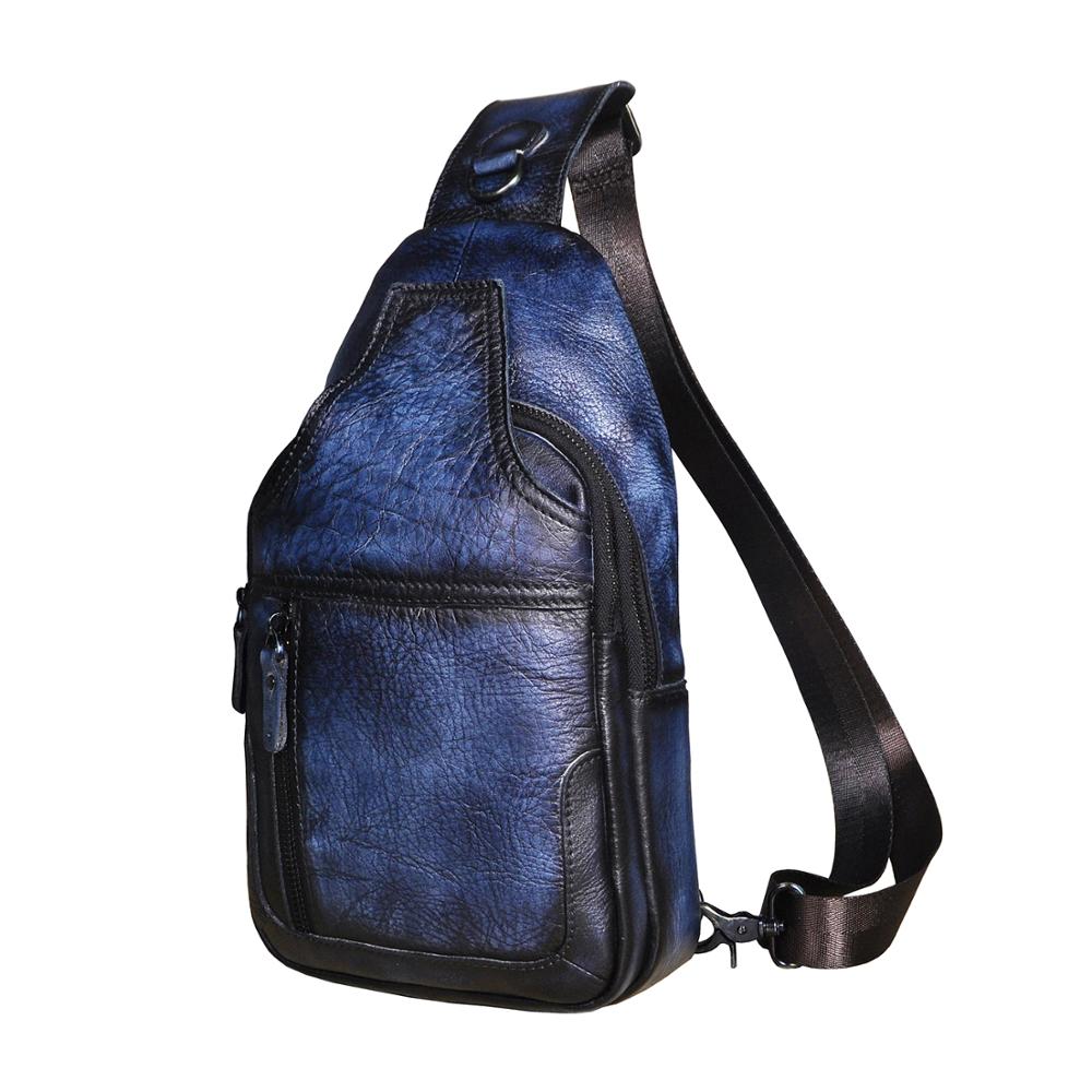 New Men Natural Leather Casual Fashion Triangle Sling Chest Bag Design Daypack Designer One Shoulder Cross-body Bag Male 6601