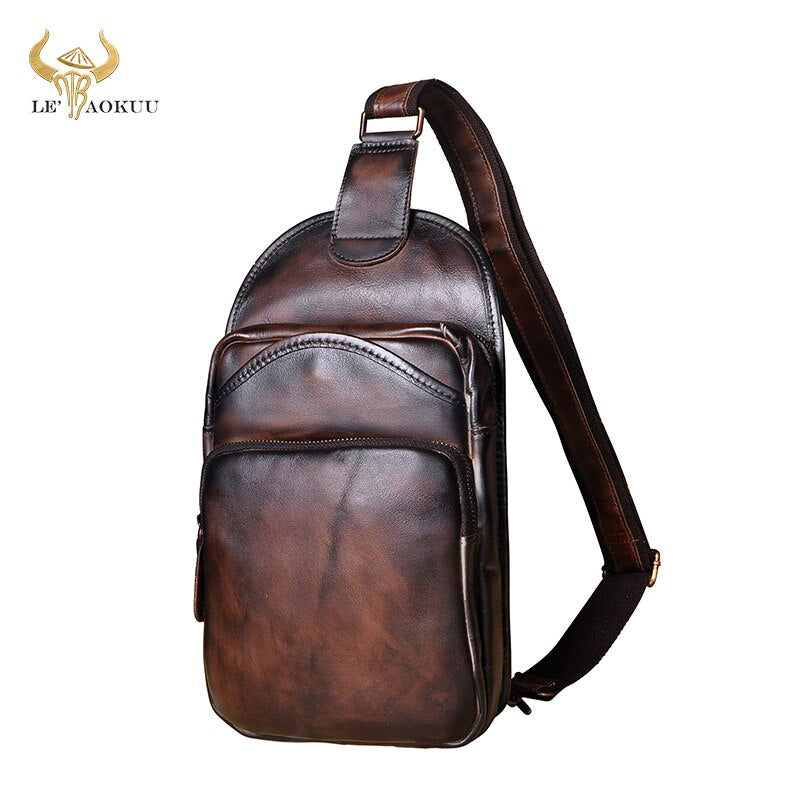 Le'aokuu Men Crazy Horse Leather Casual Vintage Fashion Blue Chest Sling Bag Design One Shoulder Crossbody Bag For Male 9977