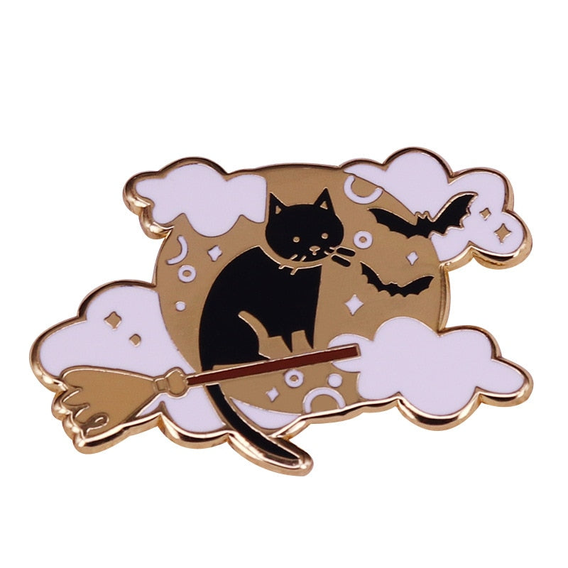 Magic moon cat brooch cat badge cute cartoon animal pin on a broom