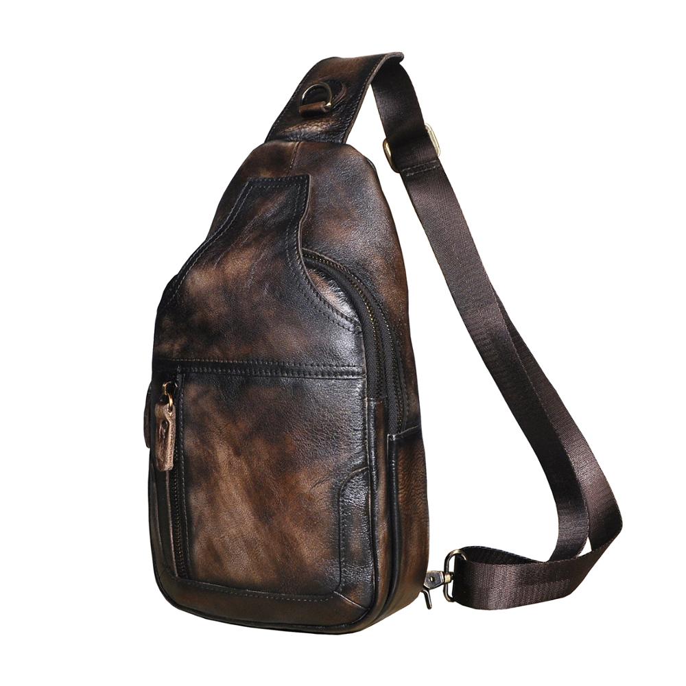 New Men Natural Leather Casual Fashion Triangle Sling Chest Bag Design Daypack Designer One Shoulder Cross-body Bag Male 6601