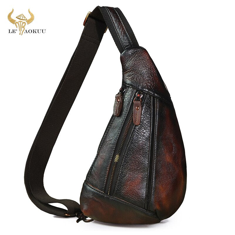 New Men Oil Wax Leather Fashion Blue Triangle Chest Sling Bag 8" Tablet Umbrella Design One Shoulder Cross-body Bag Male 8807