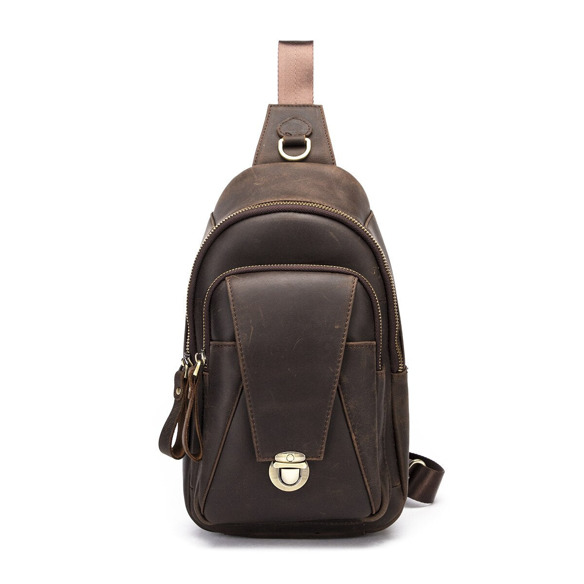 New Hot Sale Men Crazy Horse Leather Unique Triangle Sling Chest Bag 8" Tablet Design One Shoulder Bag Cross body Bag Male 8018