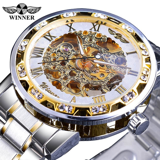 Winner Transparent Diamond Mechanical Watch Blue Stainless Steel Skeleton Watch