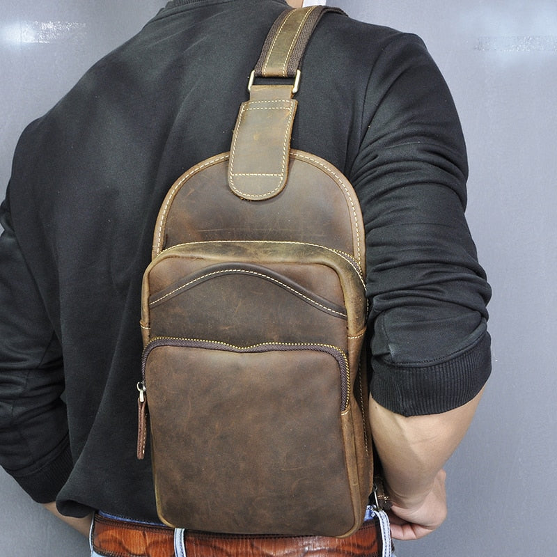 Le'aokuu Men Crazy Horse Leather Casual Vintage Fashion Blue Chest Sling Bag Design One Shoulder Crossbody Bag For Male 9977