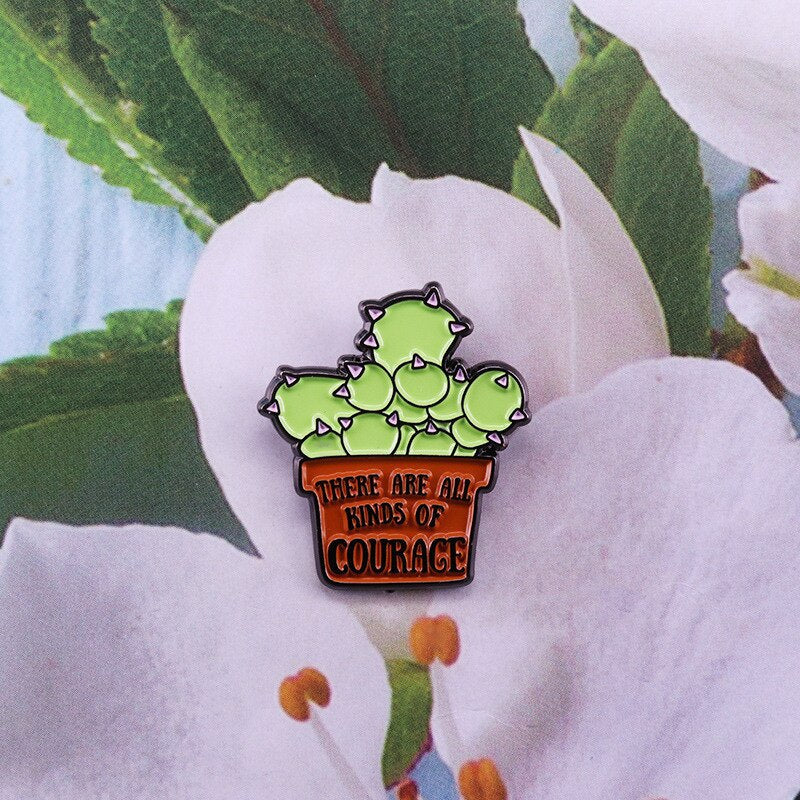 Courage Cactus Brooch Green Plant Badge Self Motivation Mental Health Pin