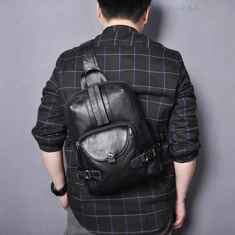 2020 Trend Men Quality Leather Casual Fashion Blue Chest Sling Bag 8" Tablet Design Travel One Shoulder Cross-body Bag Male 3028