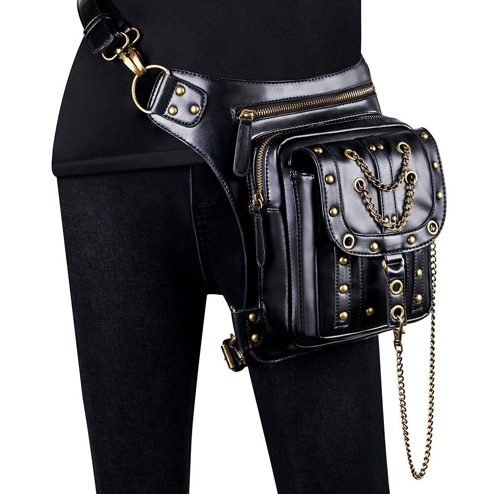 Lady Pockets Retro Messenger Bags Punk Vintage Steampunk Crossbody Women Shoulder Waistbag Men Hombre Skull Rivet Travel Leg Bag