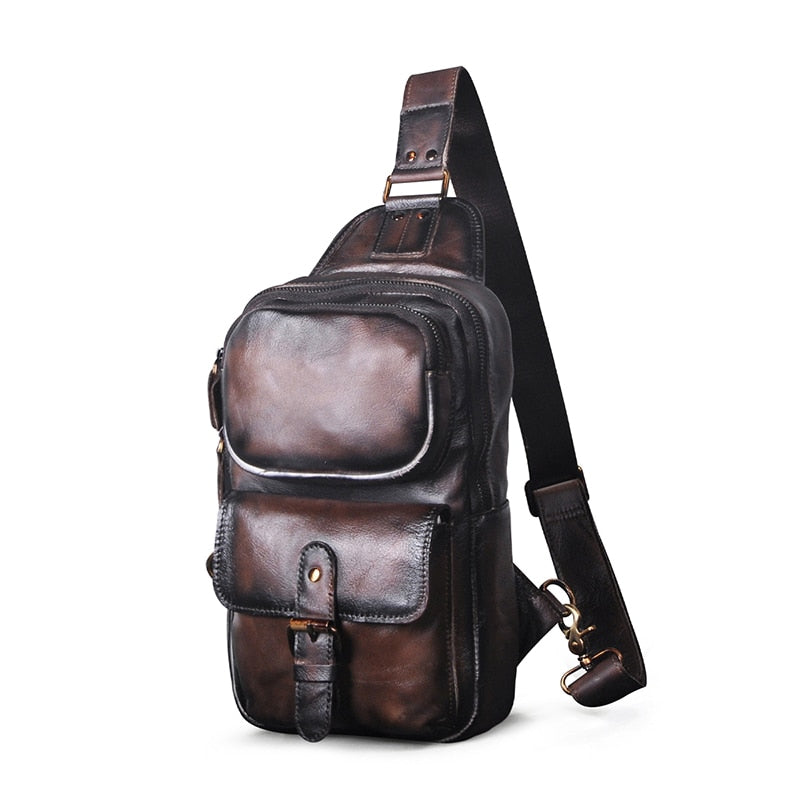 Hot Sale Real Quality Leather Vintage Triangle Chest Sling Bag 8" Tablet Design