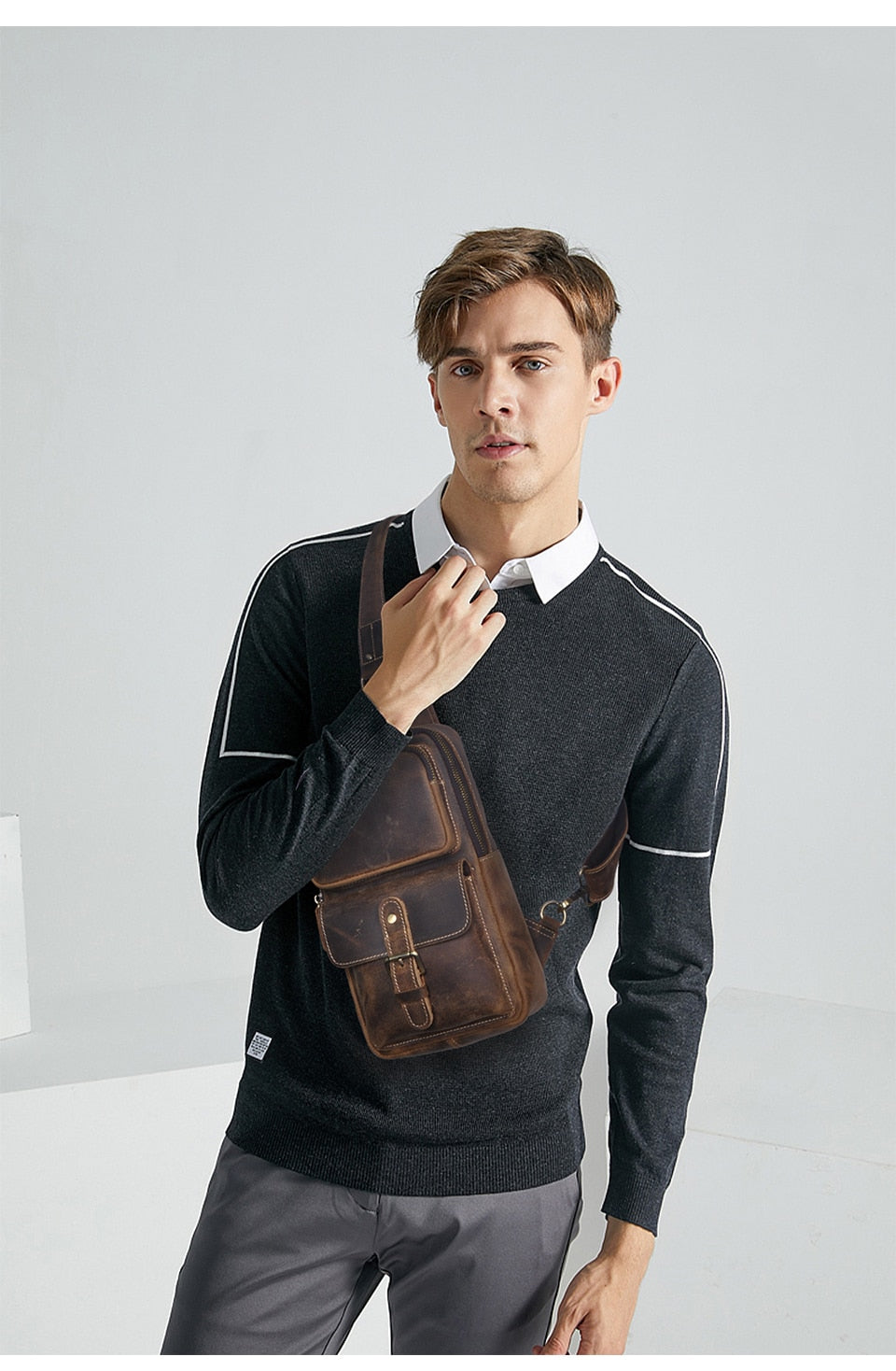 Hot Sale Real Quality Leather Vintage Triangle Chest Sling Bag 8" Tablet Design