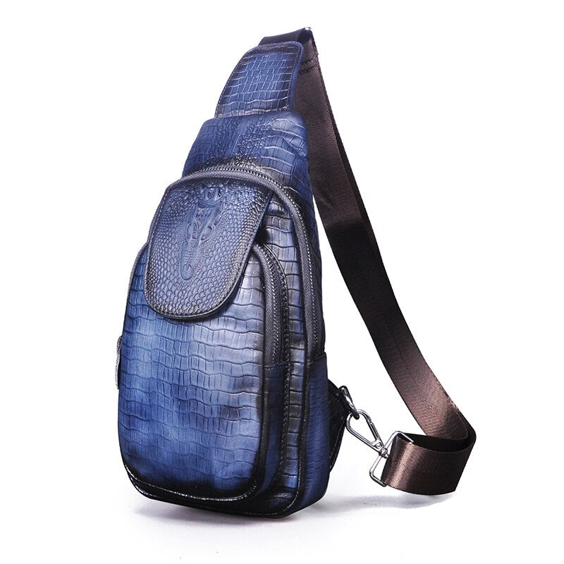 Men's Original Leather Retro Blue Triangle Chest Sling Bag 8" Tablet Design One