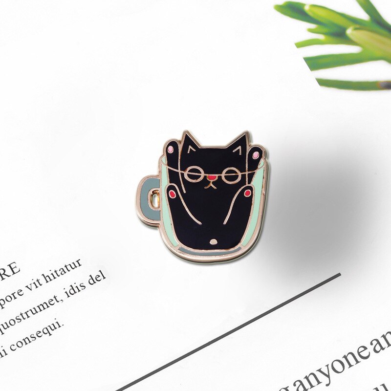 Cute teacup cat brooch cartoon Black cat badge coffee lovers accessories