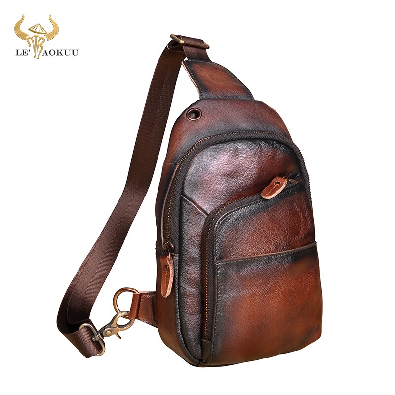 Hot Sale Men Genuine Real Leather Casual Travel Chest Sling Bag Design One Shoulder Bag Fashion Blue Cross-body Bag Male 8010