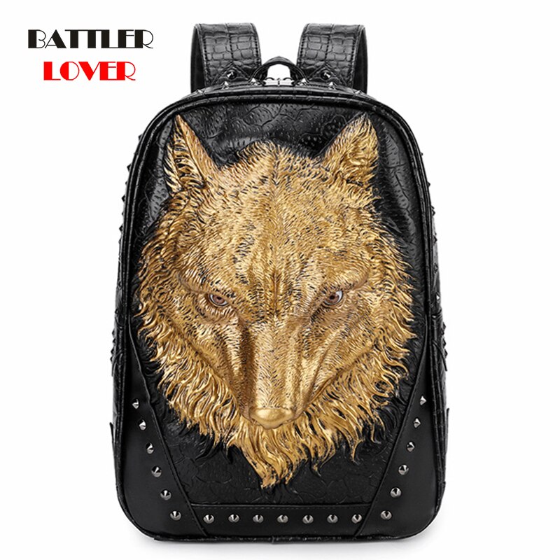 2021 New Street Trend Men Backpack Male 3D Stereo Wolf Head Shoulder Bag Leather Portable Computer Bags for Women Travel Bagpack