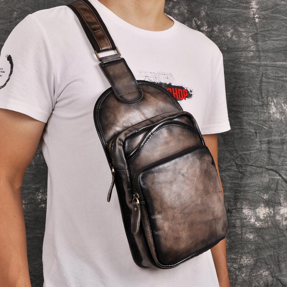 Le'aokuu Men Crazy Horse Leather Casual Vintage Fashion Blue Chest Sling Bag Design One Shoulder Crossbody Bag For Male 9977