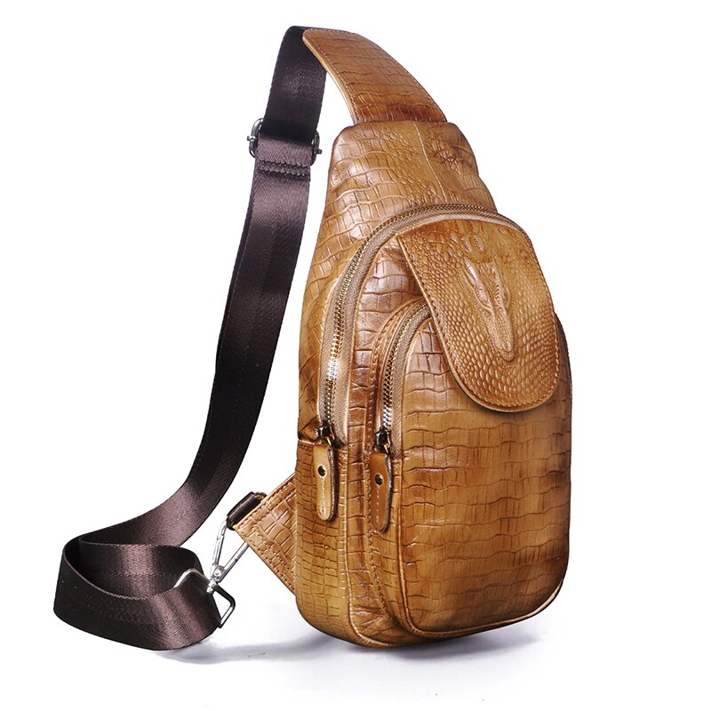 Men's Original Leather Retro Blue Triangle Chest Sling Bag 8" Tablet Design One