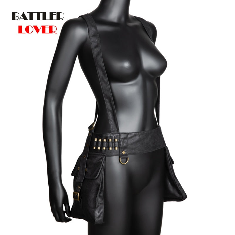 Gothic Black Fashion Causal Waistband with Two Bags Women Waist Belt Bags Steampunk Heavy Rock Leather Packs Leg Bag Hip Hop