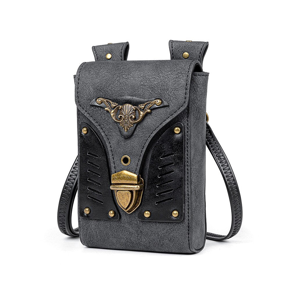Mini Retro Bag Mobile Phone Wallet For Women Inclined Shoulder Steampunk Accessory Lady Bag Leather Handbag Vogue Multi-Function