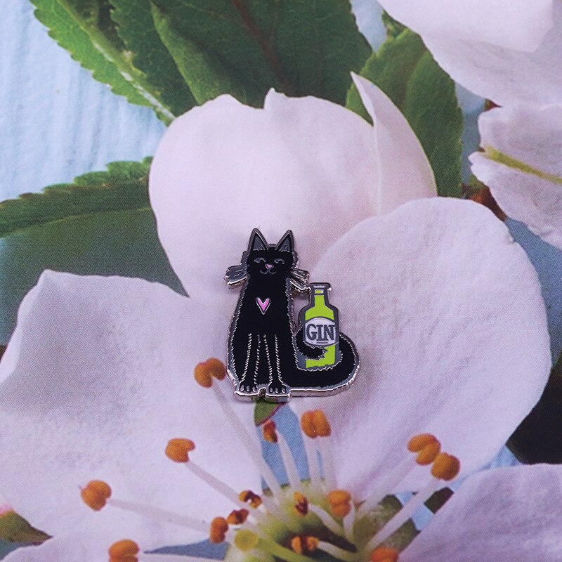 Cat and gin brooch cute animal badge