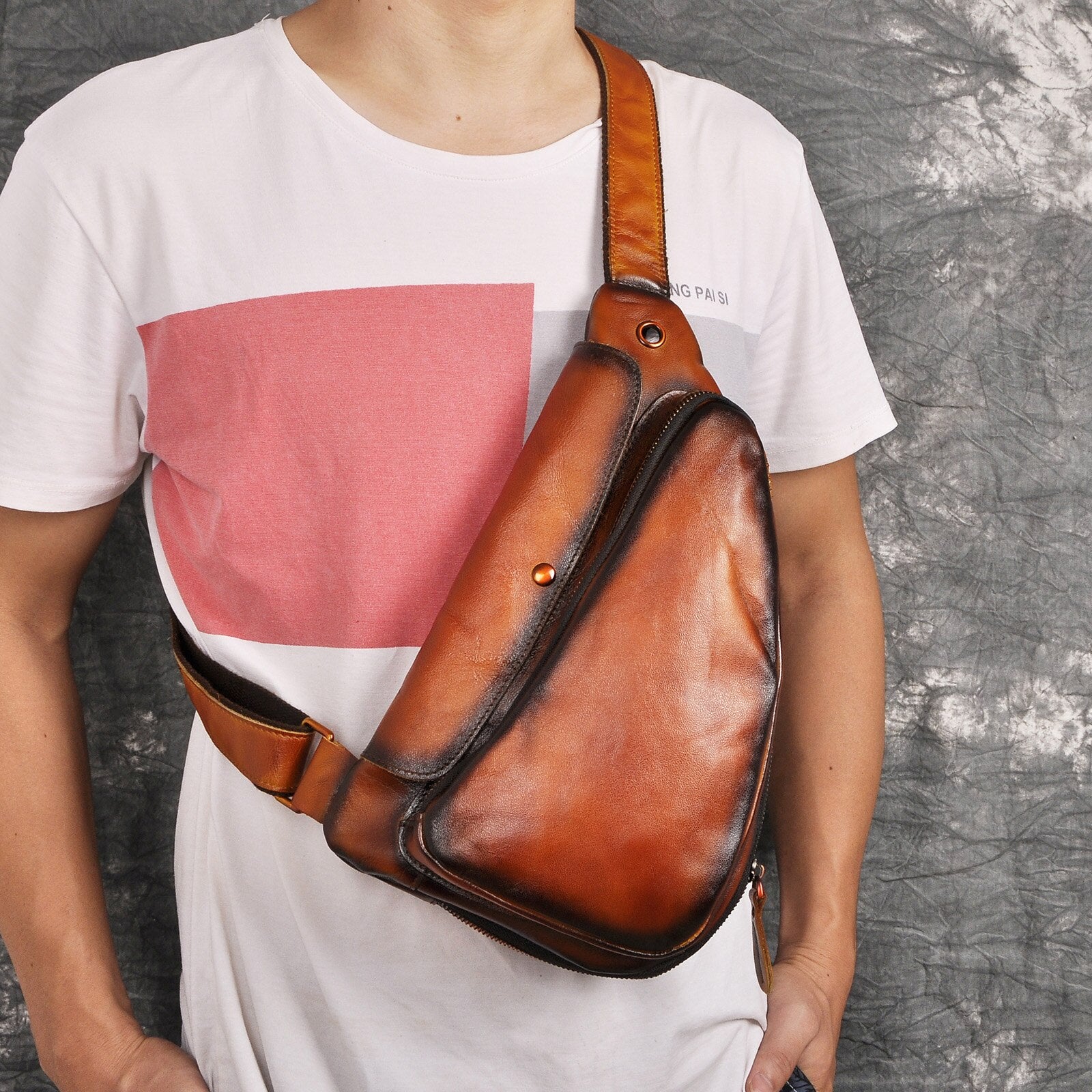 Men Natural Real Leather Casual Fashion Coffee Travel Triangle Chest Sling Bag Design One Shoulder Cross-body Bag For Male 9976