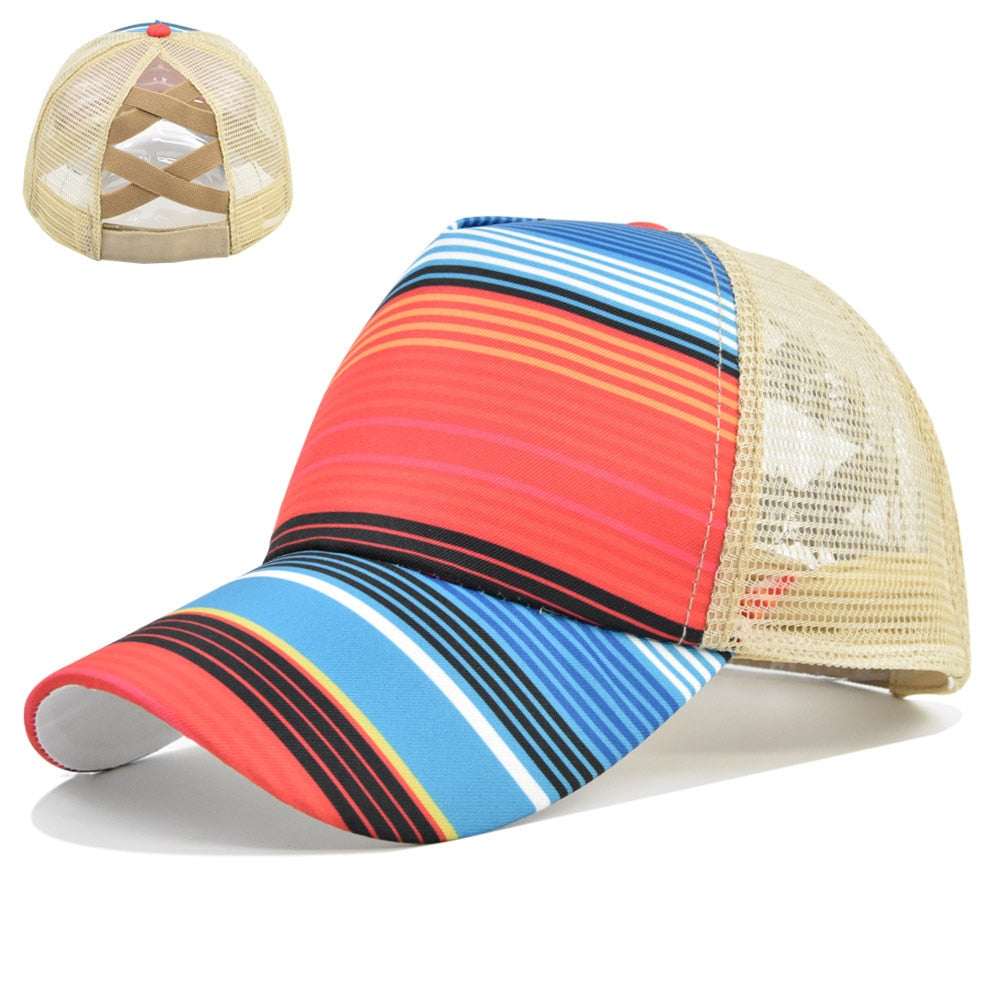 2021 New Sunflower Rainbow Stripes Baseball Cap Mesh Hollow Criss Cross Ponytail Dad Hat