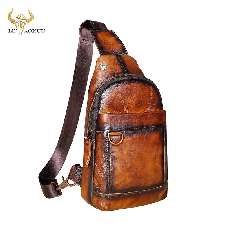 2020 Trend Men Genuine CowLeather Fashion Travel Triangle Chest Sling Bag Design One Shoulder Cross-body Bag Day-pack Male 8016