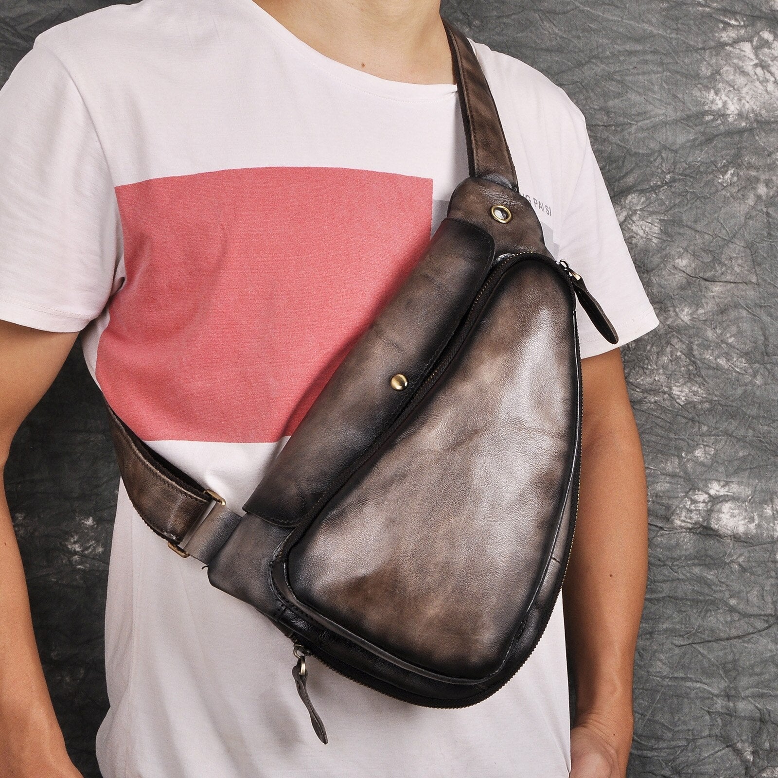 Men Original Real Leather Casual Fashion Coffee Travel Triangle Chest Sling Bag