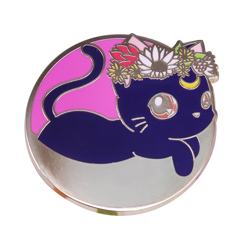 Cute Black cat Luna brooch cat wearing floral badge