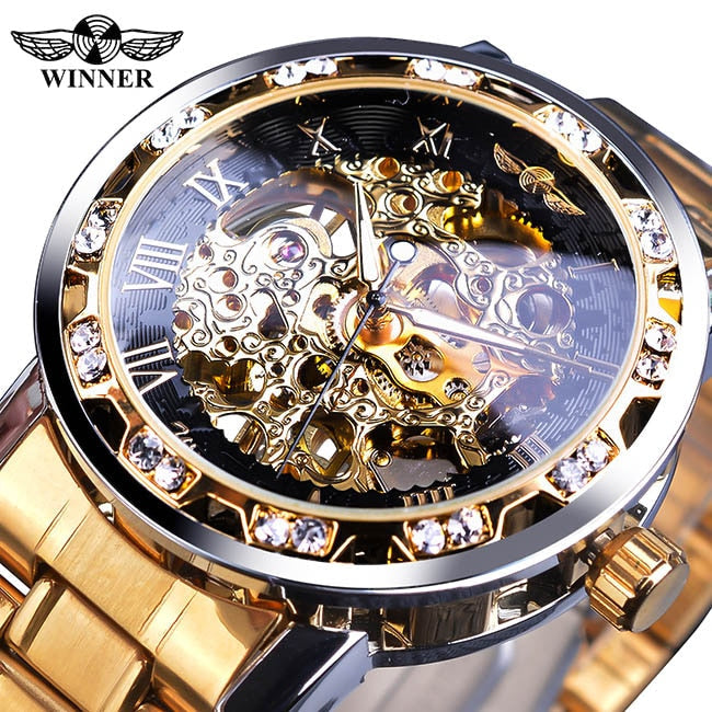 Winner Transparent Diamond Mechanical Watch Blue Stainless Steel Skeleton Watch