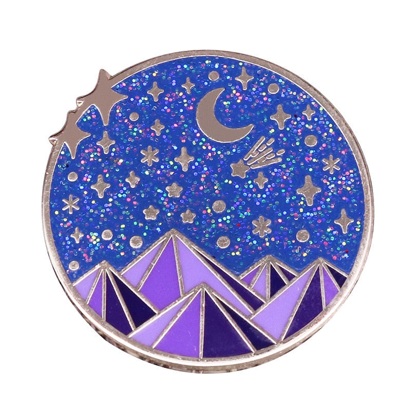 Beautiful starry night glitter brooch nature landscape badge