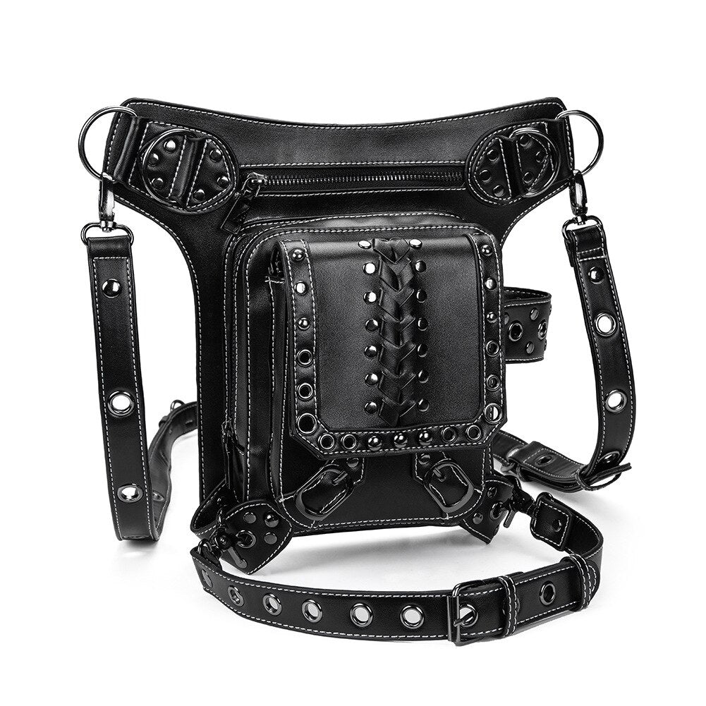 Fashion Women Men Steampunk Rivet Bag Mobile Phone Messenger Pouch Outdoor Black Multi-Purpose Tactical Zipper Weave Waist Bag