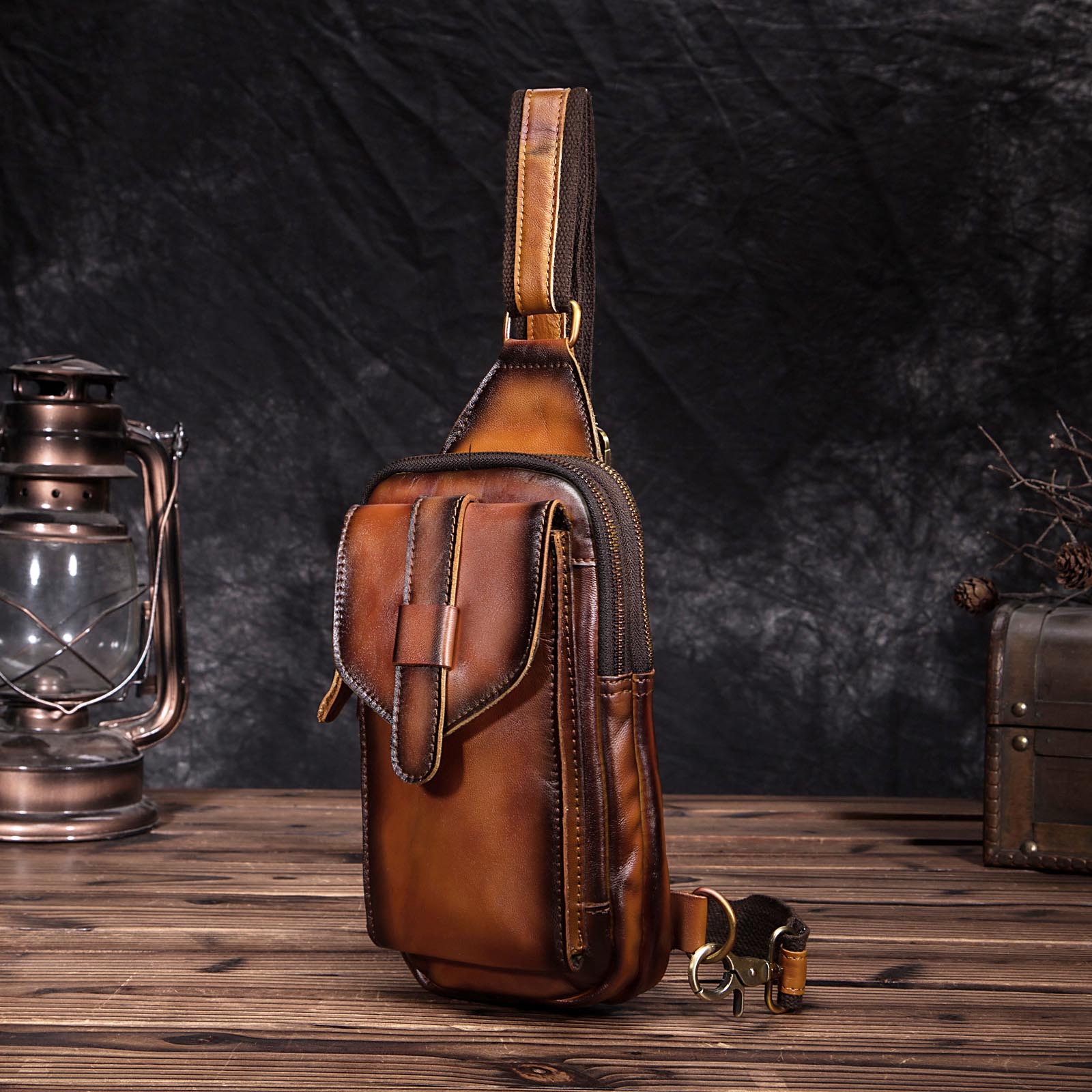 Men Original Real Leather Casual Fashion Coffee Triangle Chest Sling Bag Design