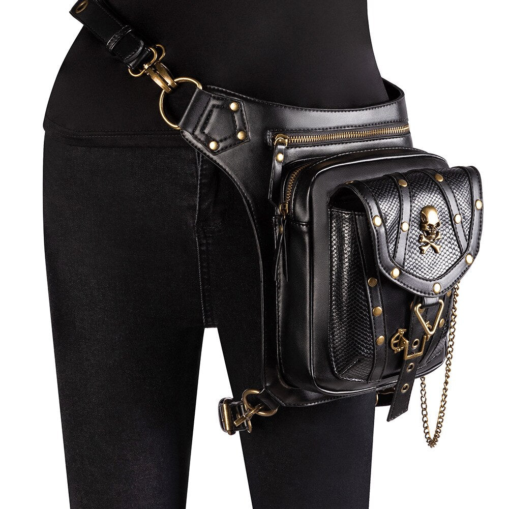 Lady Pockets Retro Messenger Bag Punk Vintage Steampunk Crossbody Women Shoulder Waistbag Men Hombre Skull Rivet Travel Leg Bags