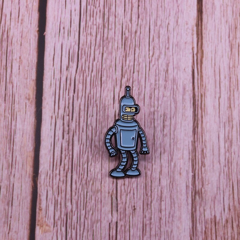 Cute battle robot brooch flies out of a futuristic comedy animation badge