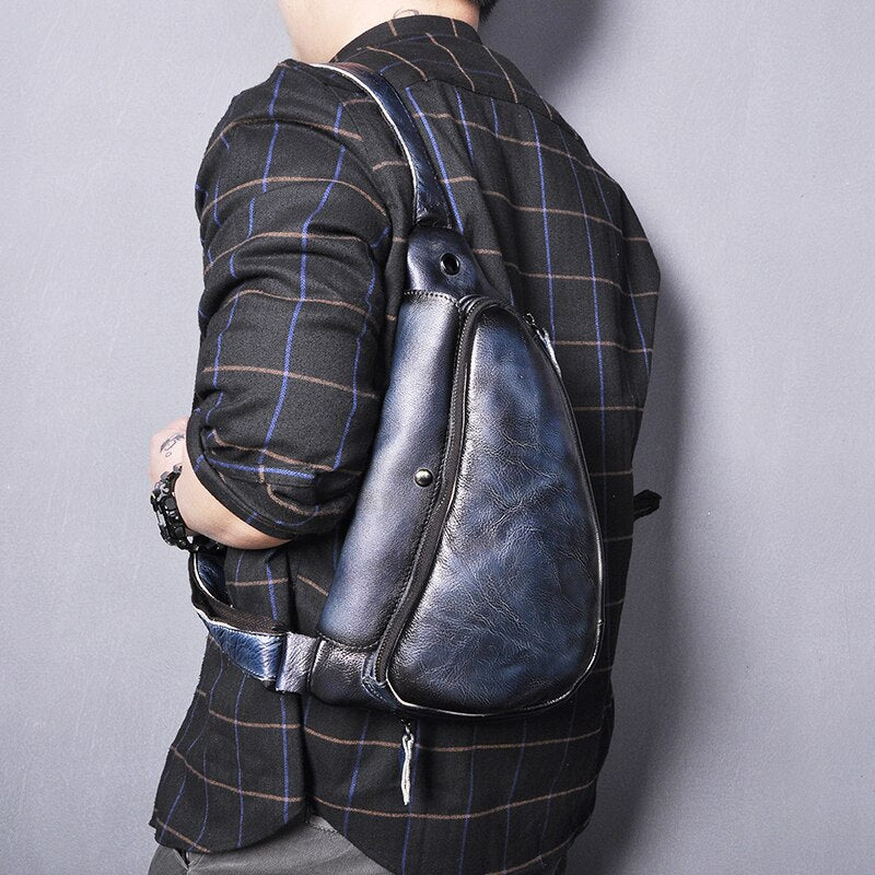 Men Natural Real Leather Casual Fashion Coffee Travel Triangle Chest Sling Bag Design One Shoulder Cross-body Bag For Male 9976
