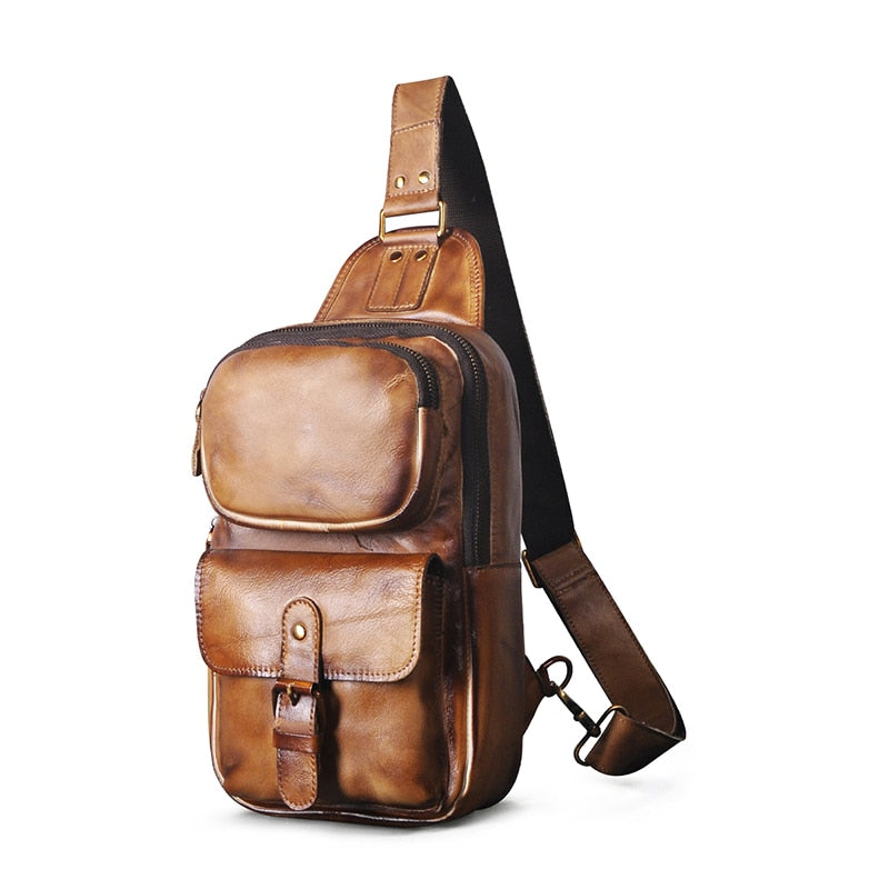 Hot Sale Real Quality Leather Vintage Triangle Chest Sling Bag 8" Tablet Design