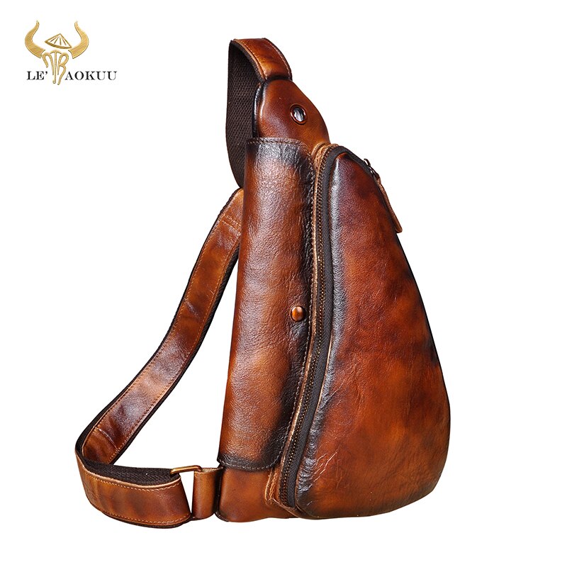 Men Original Real Leather Casual Fashion Coffee Travel Triangle Chest Sling Bag