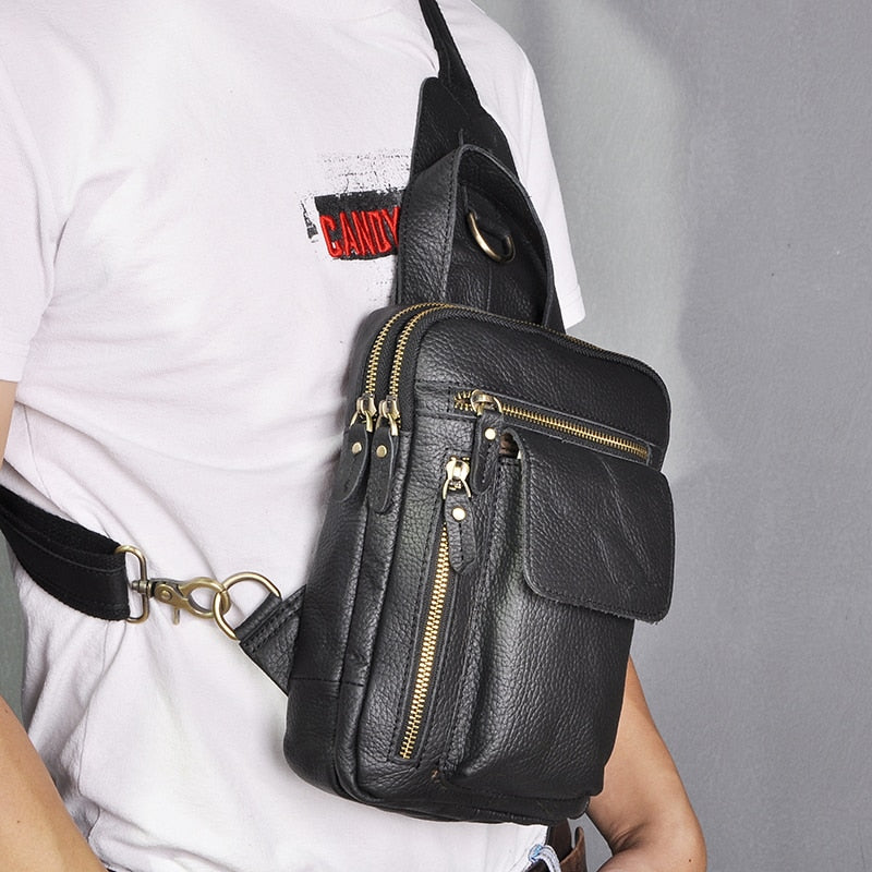 Men Original Leather Fashion Casual Chest Sling Bag Coffee 8" Tablet Tea Design
