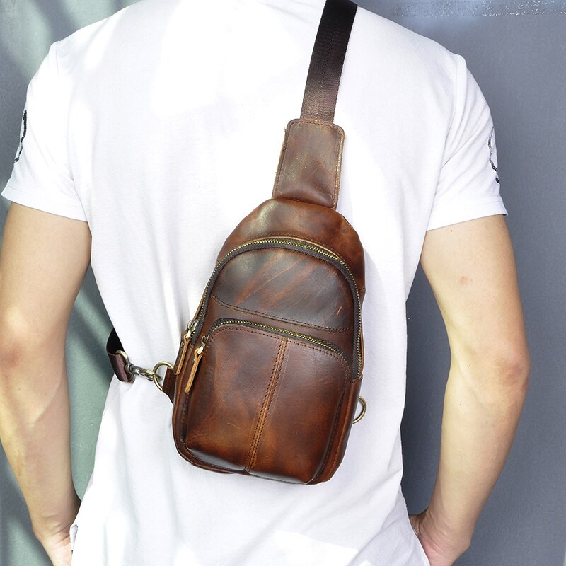 Men Quality Leather Casual Fashion Chest Sling Bag 8" Tablet Umbrella Design One Shoulder Daypack Crossbody Bag For Male 8002-d