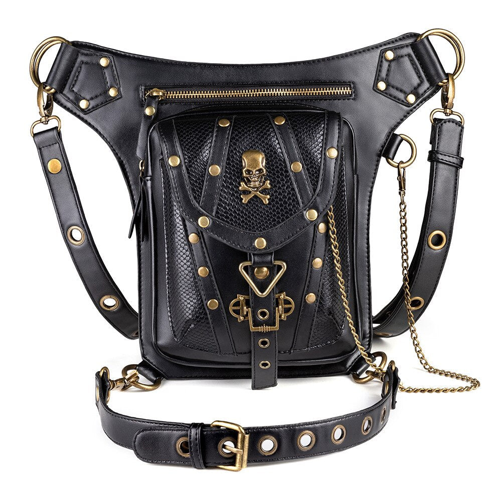 Punk Rock Women Waist Bag Steampunk Rivets Skull Purse Crossbody Shoulder Motorcycle Drop Leg Belt Bag Hip Hop Street Pouch Pack