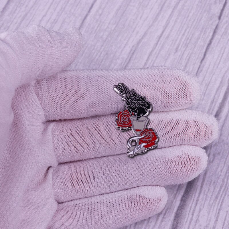 Crow Drinking Wine Brooch Red Rose Badge Six of Crows Literature Book Inspiration Pin