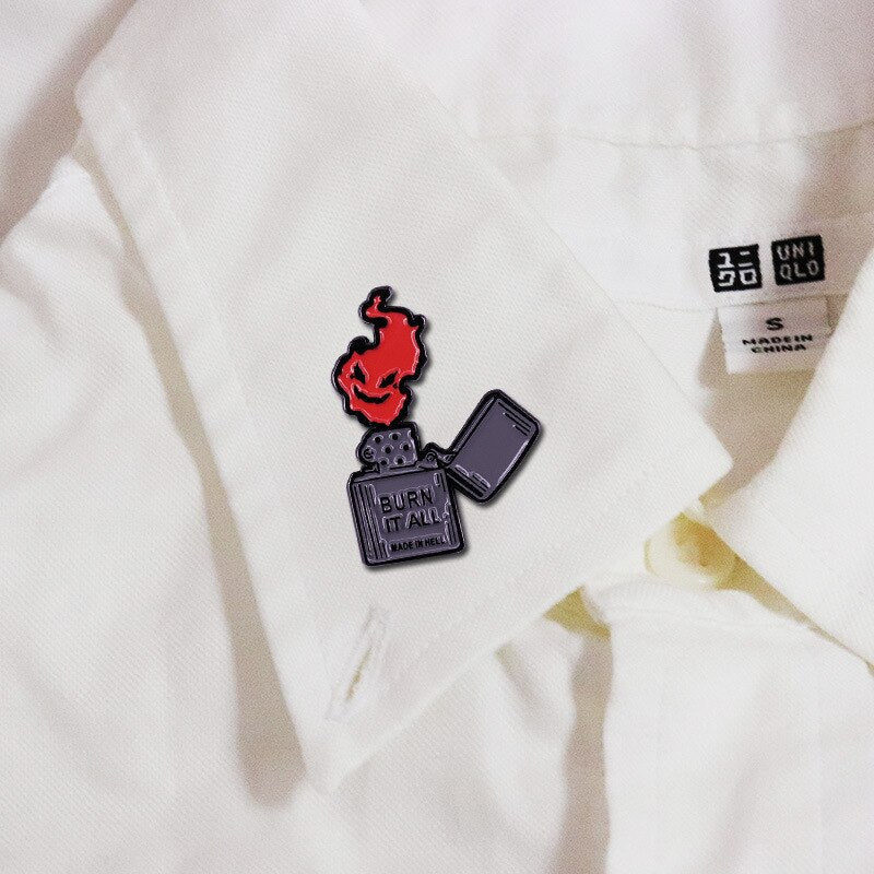 Burning all this lighter brooch demon flame badge
