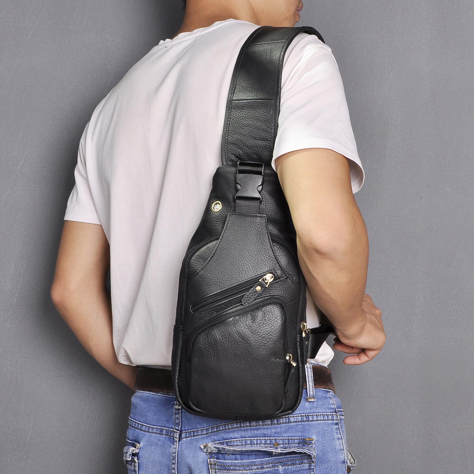 Hot Sale Soft Genuine Leather Fashion Triangle Sling Chest Bag For Men Female 8" Tablet Design One Shoulder Cross body Bag 8015