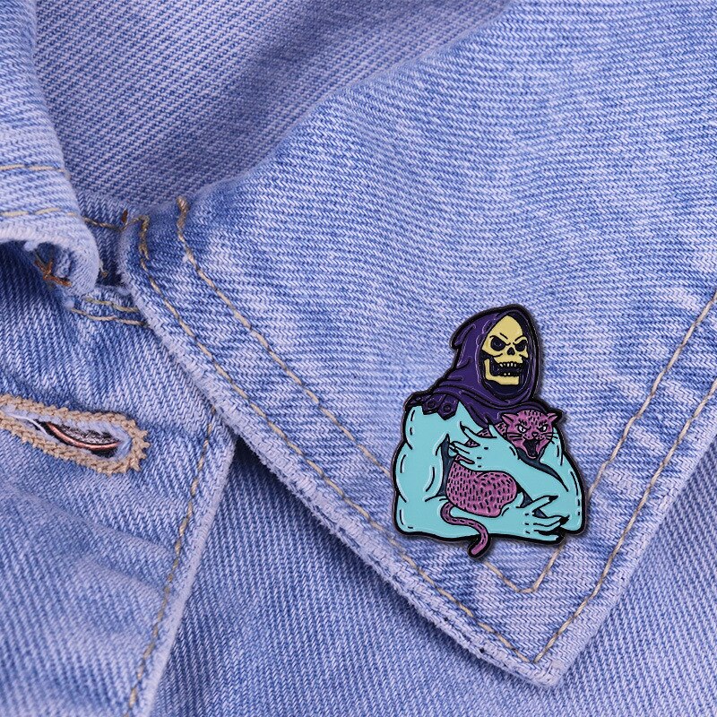 Cosmic Giant Seaman Skull and Cat Brooch 80s Fantasy Adventure Animation Inspiration Badge