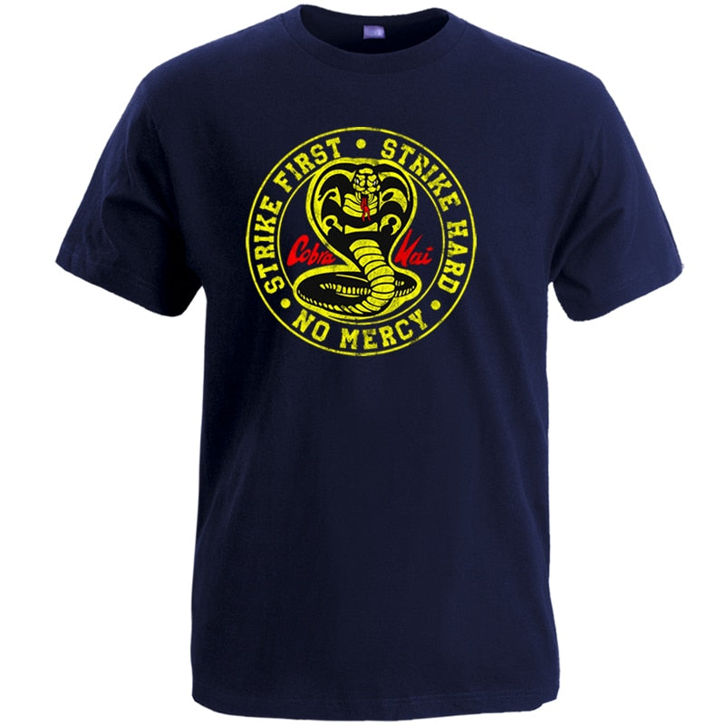 Cobra Kai T Shirt Men Strike First Strike Hard No Mercy Tshirt Shirts Cotton Summer Top Tshirts Short Sleeves Tees Black T-Shirt
