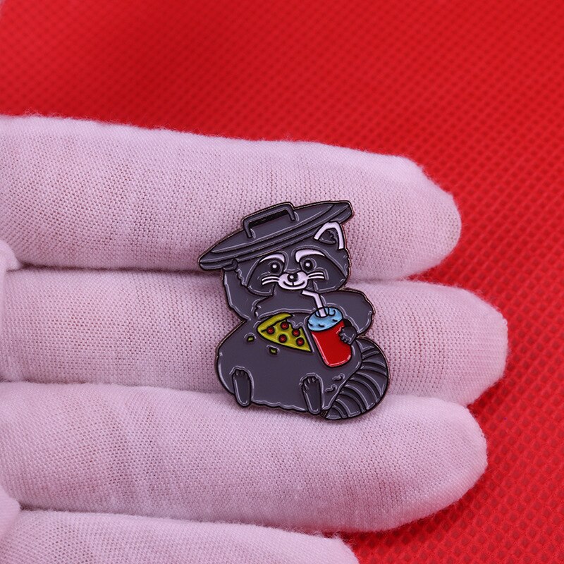 Cute Gray cat brooch eating pizza and drinking drink little raccoon badge