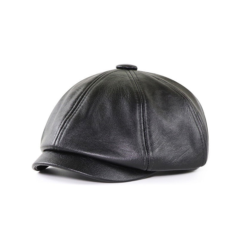 Wuaumx PU Newsboy Caps Men Faux Leather Octagonal Hat Male Retro Middle-aged Duckbill Berets Black Detective Hats Painter Caps