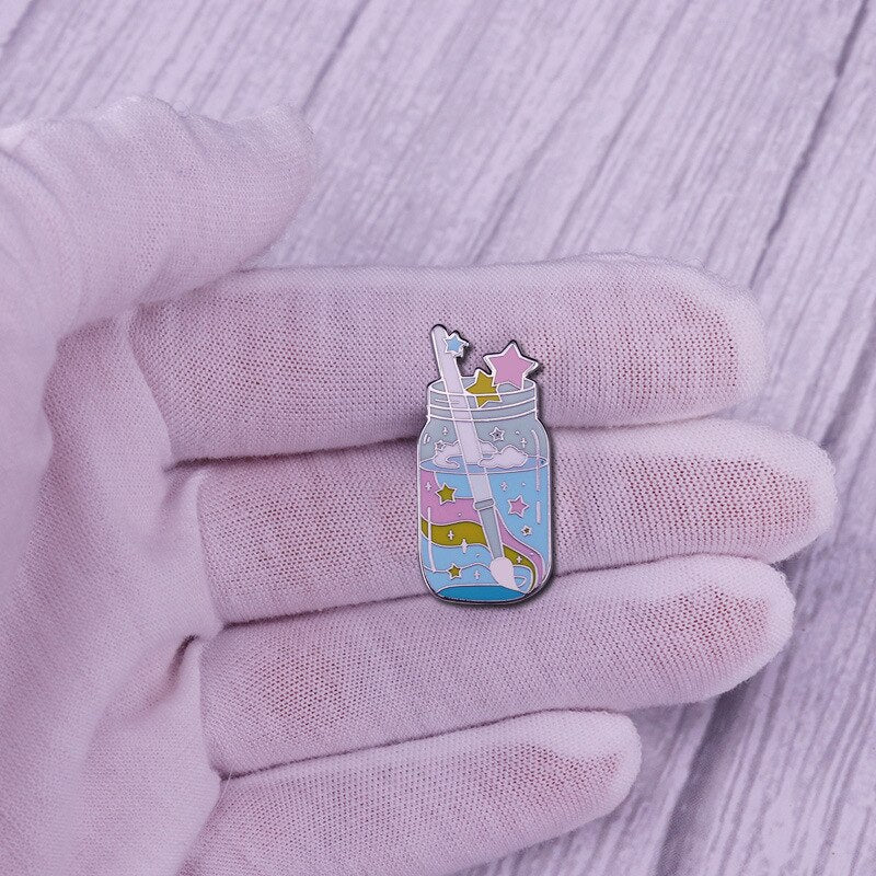 Magic Starry Bottle Brooch Describe the beautiful galaxy pastel art pin with a brush