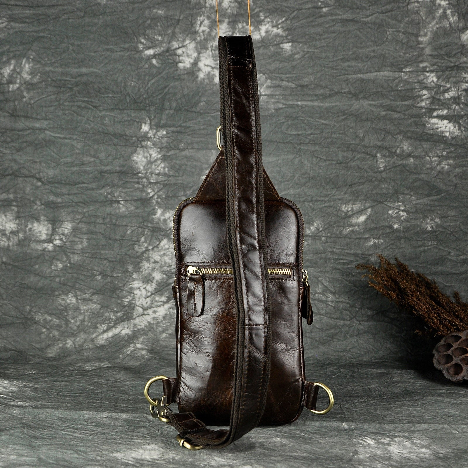 Men Original Real Leather Casual Fashion Coffee Triangle Chest Sling Bag Design