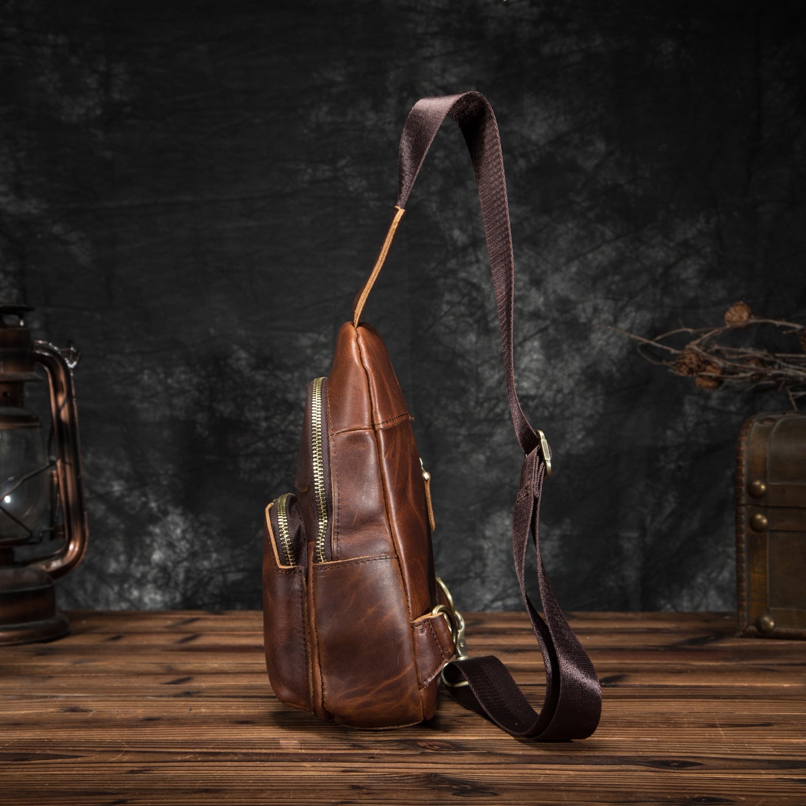 Men Quality Leather Casual Fashion Chest Sling Bag 8" Tablet Umbrella Brown Design One Shoulder Daypack Crossbody Bag Male 8002d