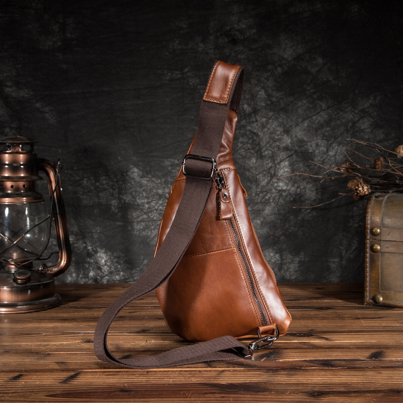 New Men Oil Wax Leather Fashion Blue Triangle Chest Sling Bag 8" Tablet Umbrella Design One Shoulder Cross-body Bag Male 8807